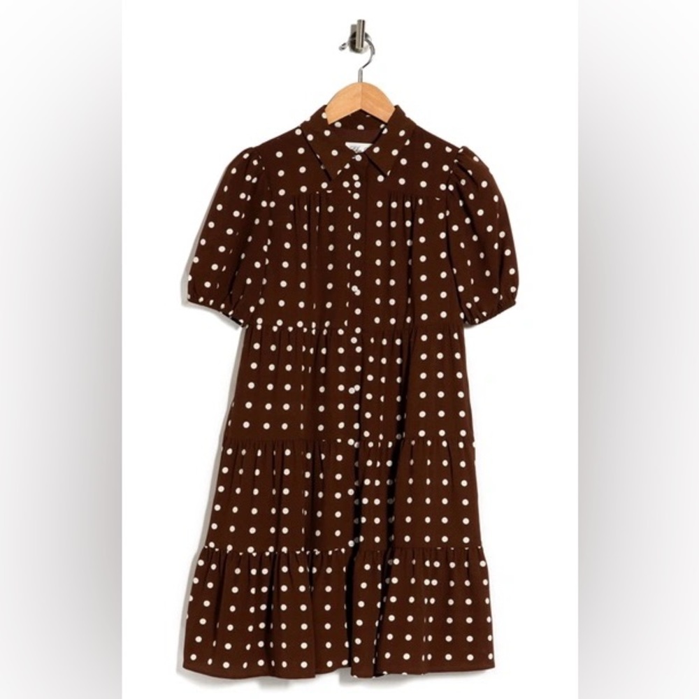 ELIZA J POLKA DOT SHORT SLEEVE TIERED SHIRT DRESS IN BROWN (size 4)